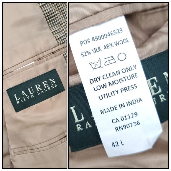 Lauren Ralph Lauren Brown Tan Silk Wool Houndstooth Blazer Jacket Sport Coat 44L - Picture 7 of 11